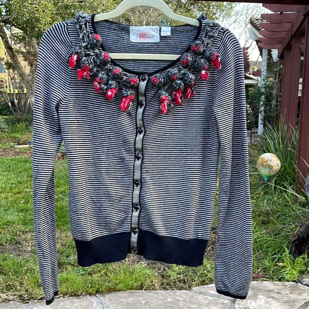 ❤️ ANTHROPOLOGIE; Piled Black/White Stripes w/Pom Poms Cardigan by Karen Nicol S - Picture 4 of 15